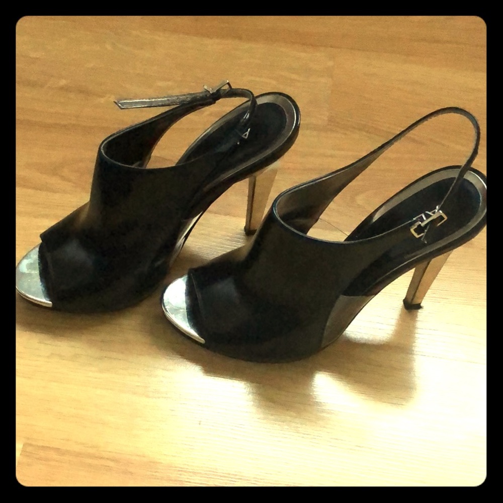 Black and silver sling back peep toe heels